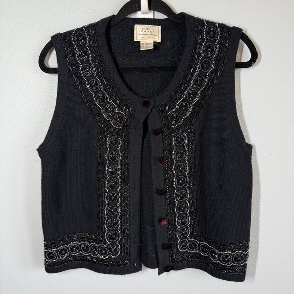 VTG Field Manor Women Sweater Vest Large Black Beaded 50% Lambswool Button Up - Picture 1 of 9